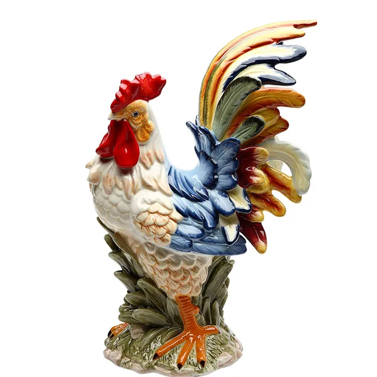 
decorative ceramic rooster 15.75 Inch Porcelain Painted Colorful Rooster Bird Figurine Statue, Blue/Orange  (62288088151)