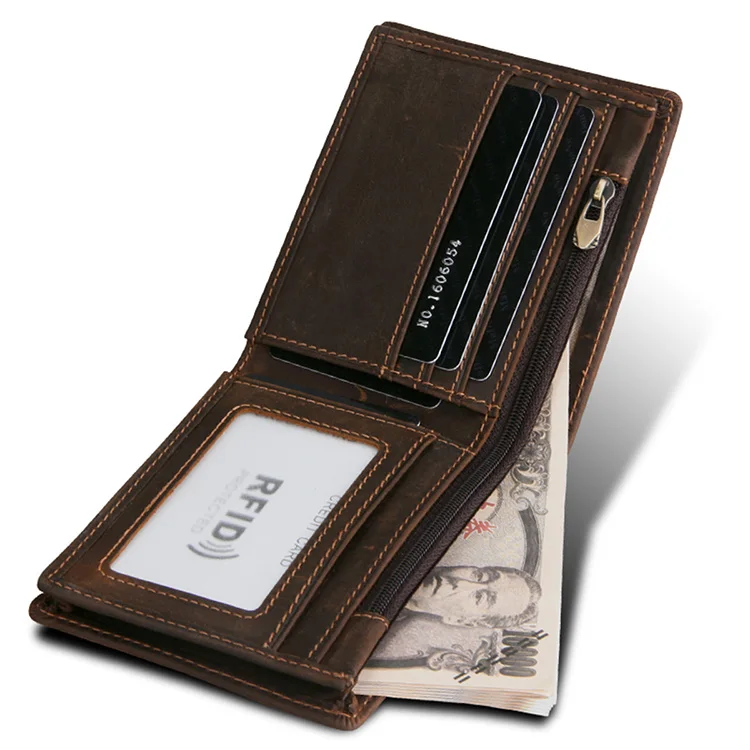 Fine genuine leather RFID blocking money clip slim bifold pocket minimalist wallet for men