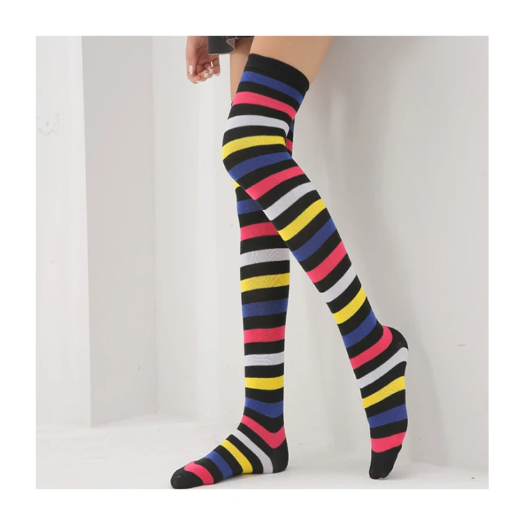 Wholesale Women Socks Rainbow Halloween Colorful Fluorescent Seamless Striped Thigh High Socks