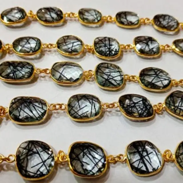 Black Rutilated Quartz Briolette Free Shape 12 to 15mm Bezel Connector Chain Sold Per Foot Best Quality Chain