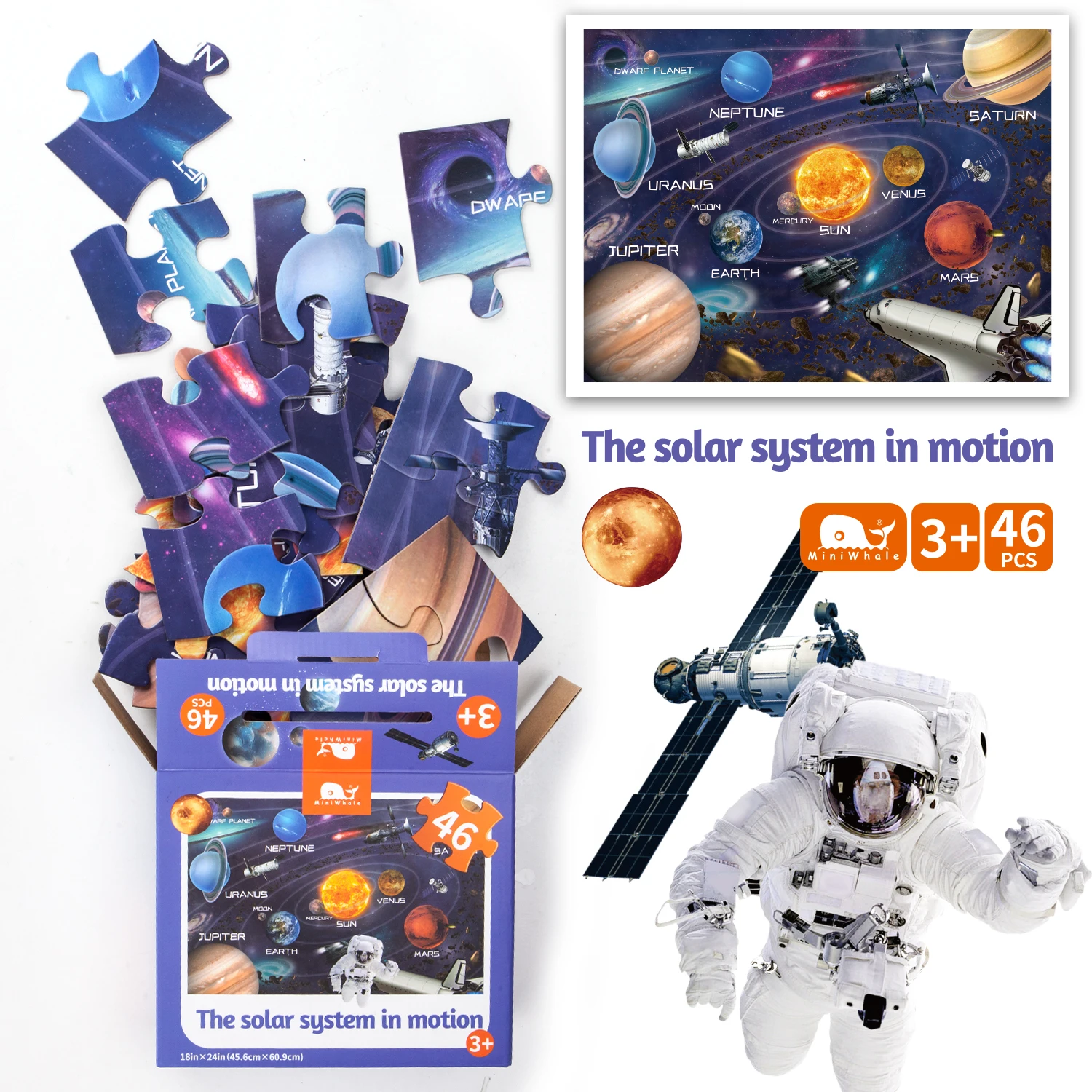Miniwhale 46pcs solar system custom photo maker puzzles easy to see and handle private label  with jigsaw puzzle gift box