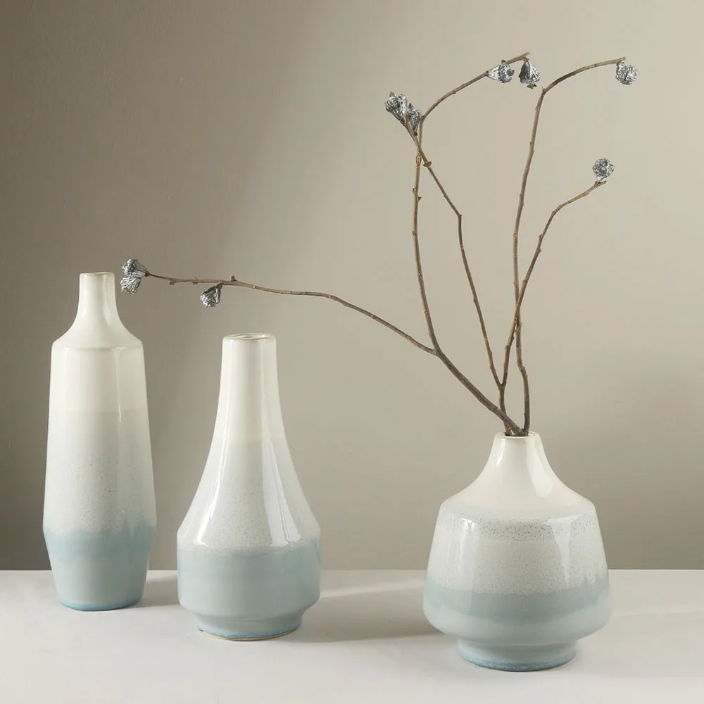 Blue Color Fancy Glazed Glossy Finished Ceramic Flower Decor Ornament Vases