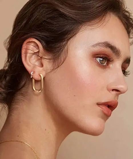 Wholesale Fashion Jewelry Brass 18k Real Gold Plated Piercing Geometric Hoop Huggie Square Earrings