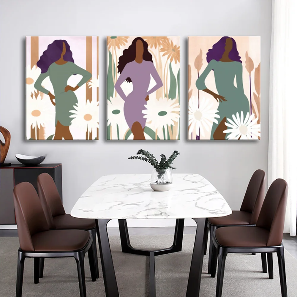 3-Piece Abstract Vintage Girl Plant Wall Art Nordic Style Canvas Painting Posters Prints Fashion Figure Portrait Paintings