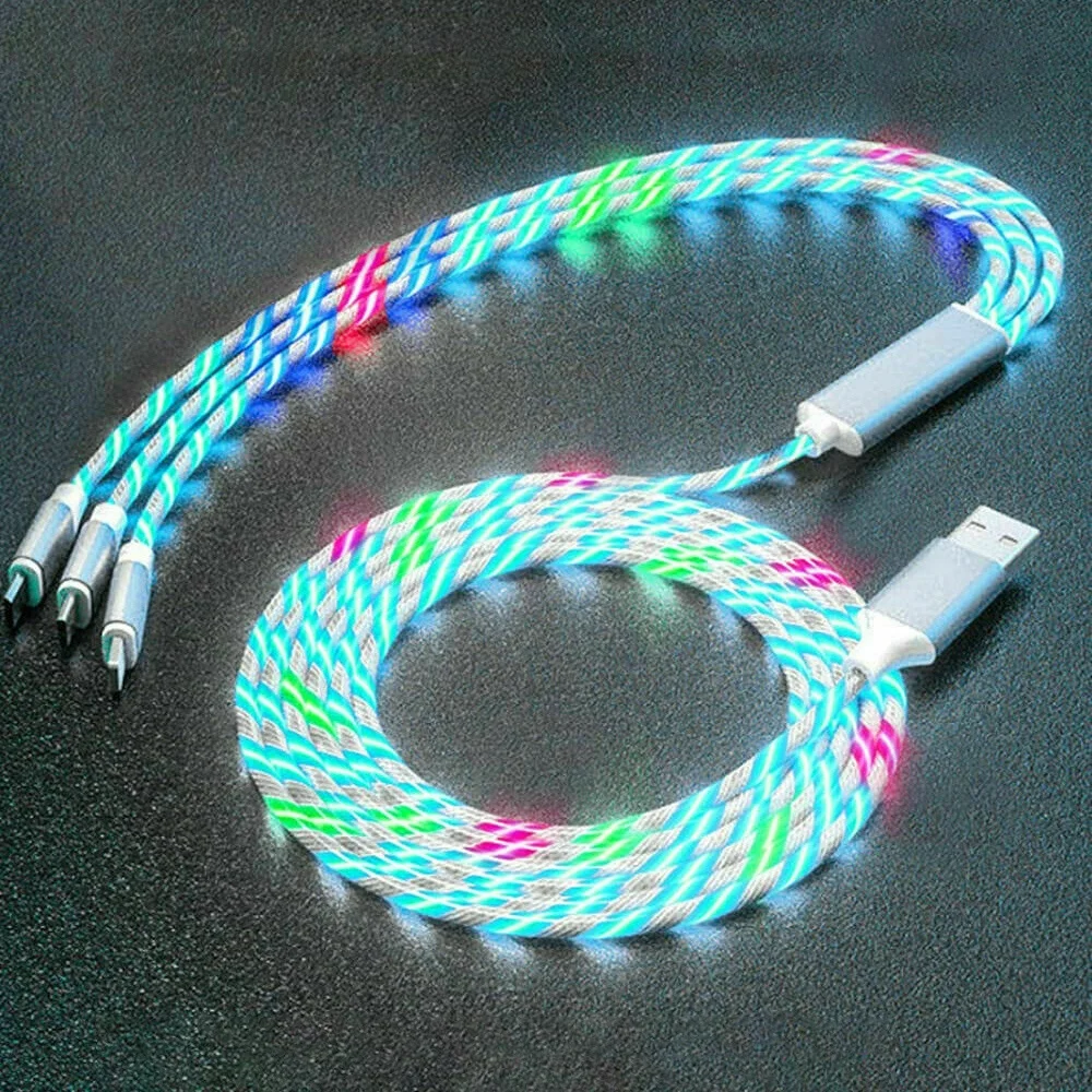 3 in 1 LED Flowing Light Up Charger Cable USB Cord for iPhone Android Type C