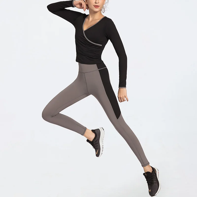 
Eco Friendly Women Sportswear V Neck Long Sleeve Fitness Shirt Gym Leggings Yoga Suit Sets 