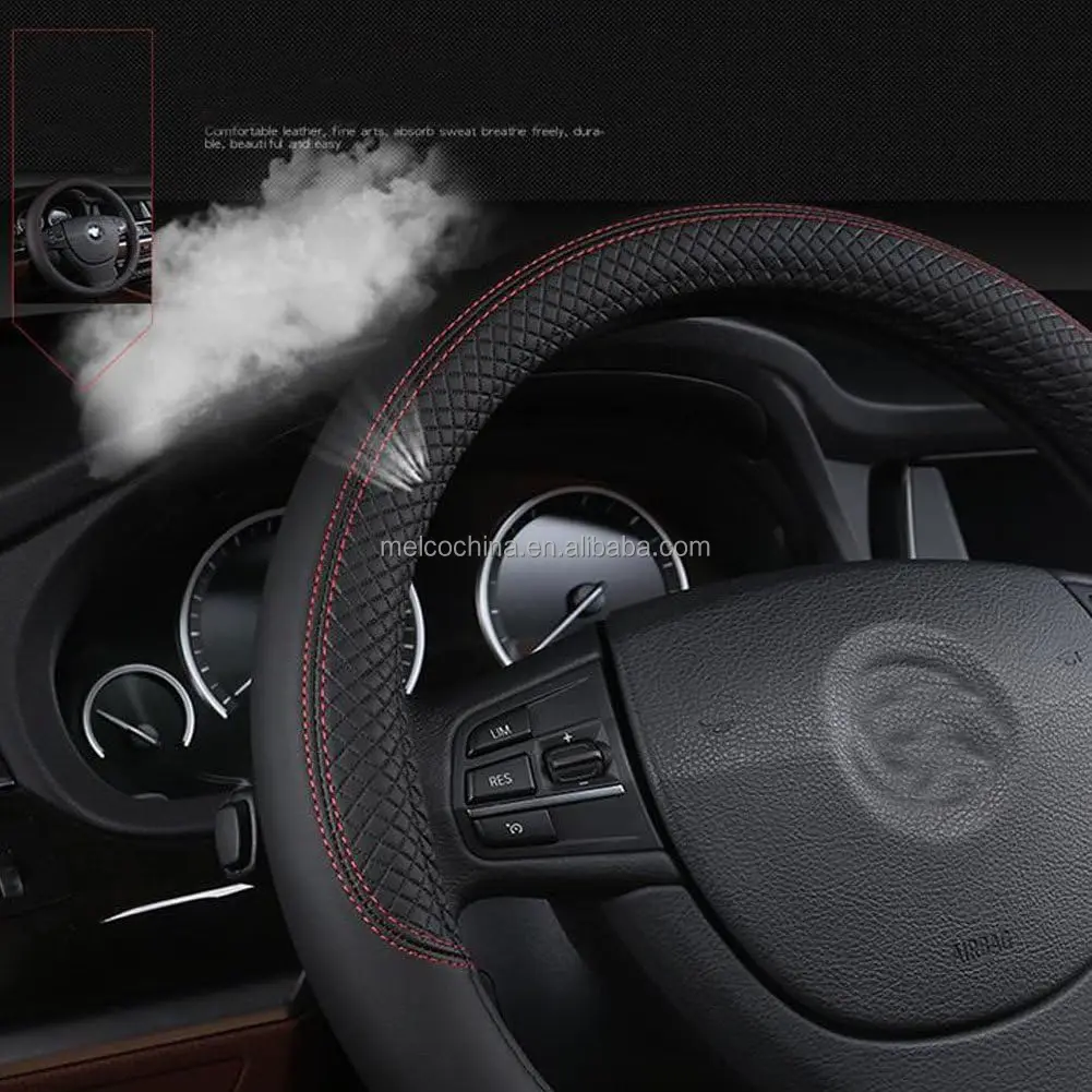 MELCO Amazon Hot Seller Black Brown Leather Universal 15 Inch Fit Anti-Slip Odor-Free Car Steering Wheel Glove Cover