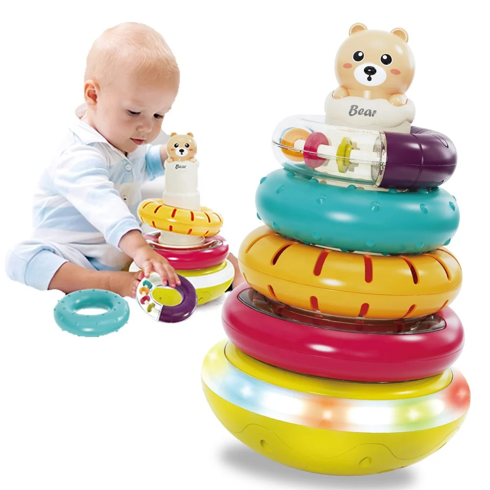 Montessori learning ferrule circle toy dynamic rotating rainbow stack ring tower game baby stacking toys