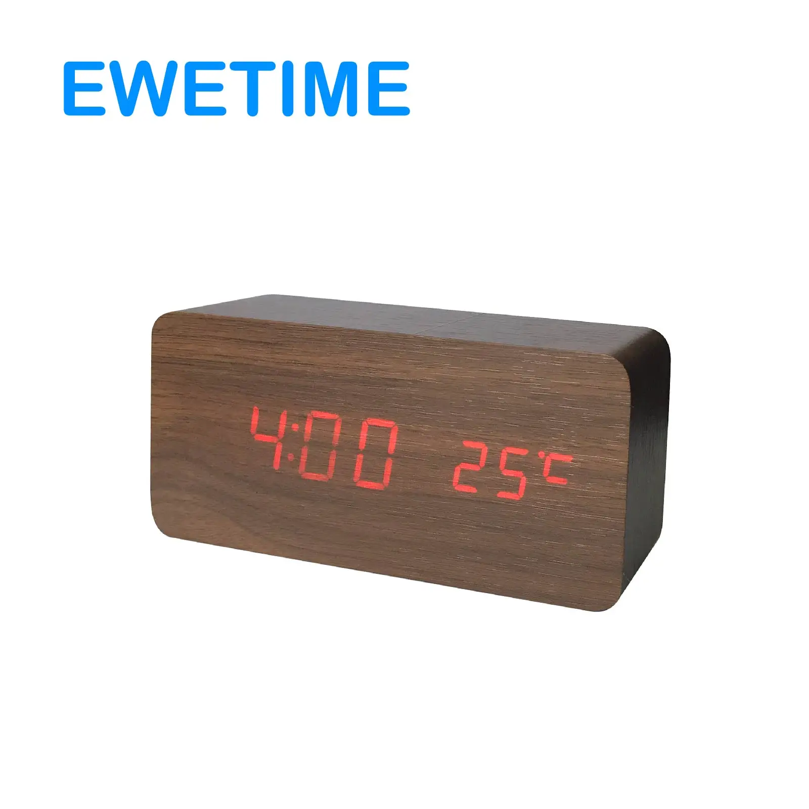 EWETIME Desk Clocks Radio Digital LED Wooden KOREAN Solar Square Modern Anniversary 3 Alarms for Everyday CE ROHS Black, Wood
