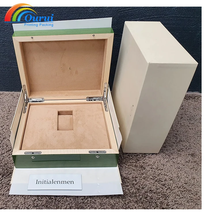 Luxury high quality printed logo single slot ten digit velvet green wood high end gift packaging brand watch box