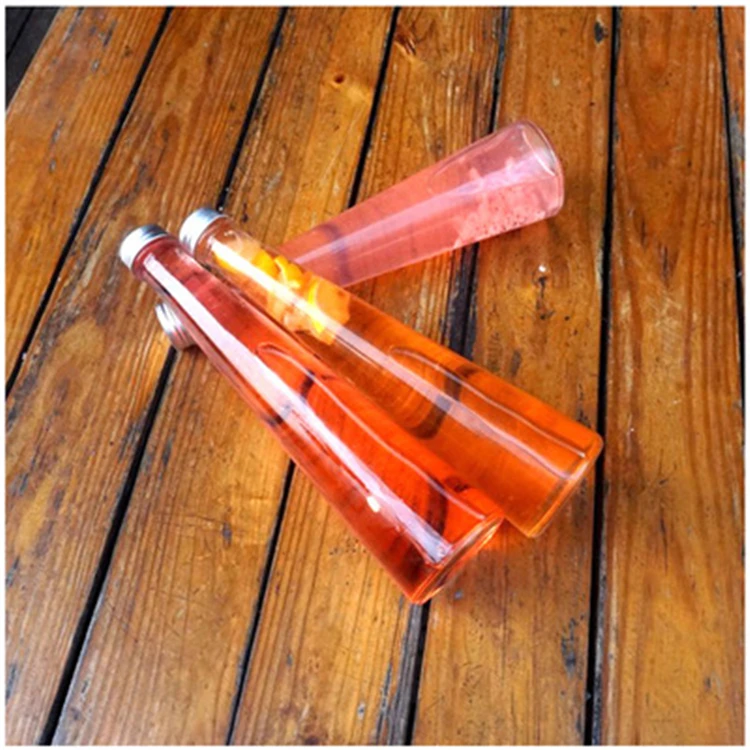 Unique Personalized 200ml circular cone shaped wholesale glass juice bottles