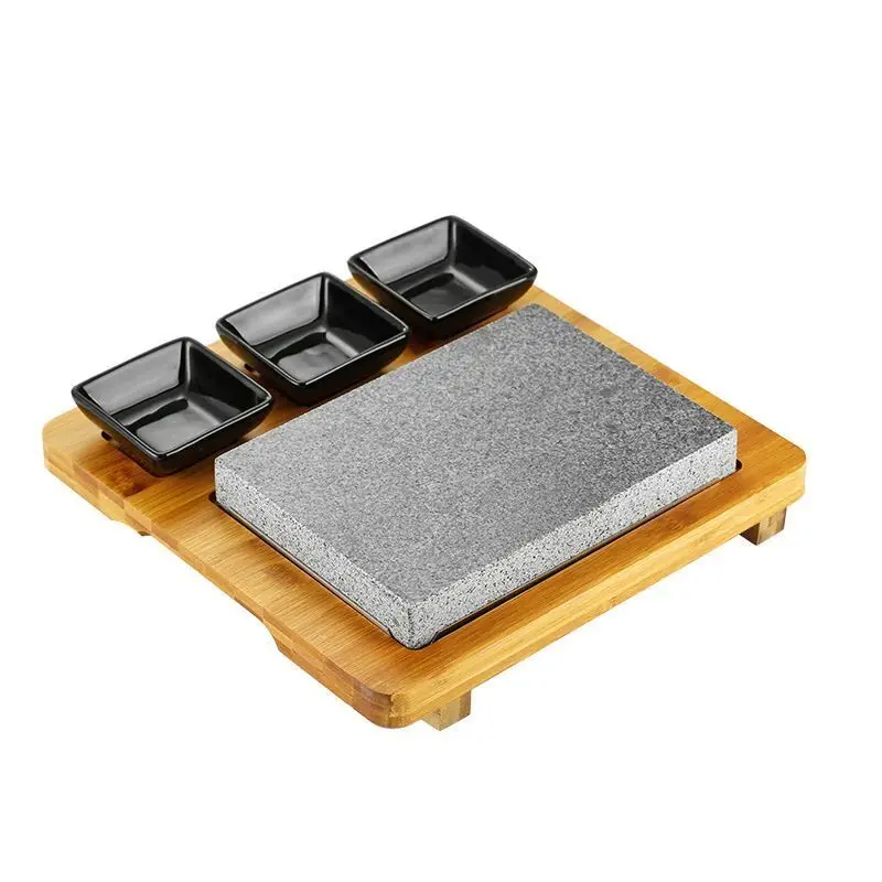 Lava Hot Steak Stone Plate Tabletop Grill Lava Rock Indoor BBQ Hibachi Grilling Stone w Ceramic Side Dishes and Bamboo Platter