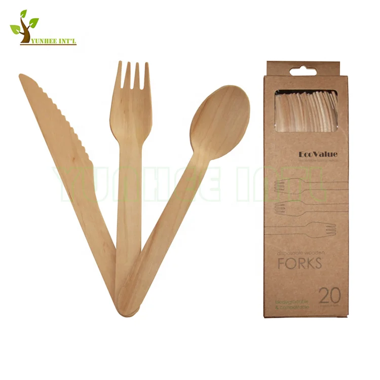 Biodegradable Wooden Cutlery Eco Friendly Fork Knife Spoon Napkin Set Disposable Wooden Cutlery Wholesale