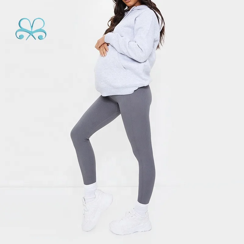 Soft High Waist Elastic Work Out Ribbed Fabric Stretch Pregnant Women Tight Yoga Leggings