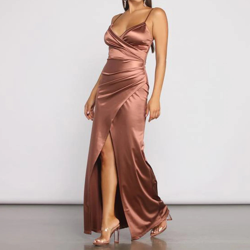 Wedding Party Bridesmaid Evening Gown Women Sleeveless Wrap V Neck Ruched Backless Stretchy Satin Formal Event FMaxi Dress