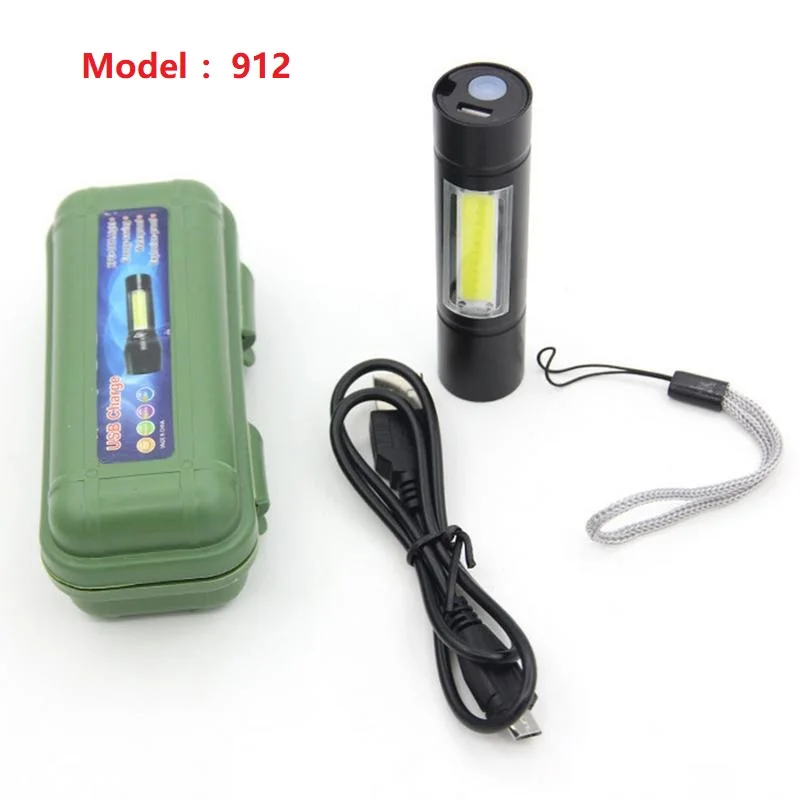USB Charging Powerful Flashlight XPE COB LED Flash Light Zoomable Tactical Torch Lamp+Battery+Box