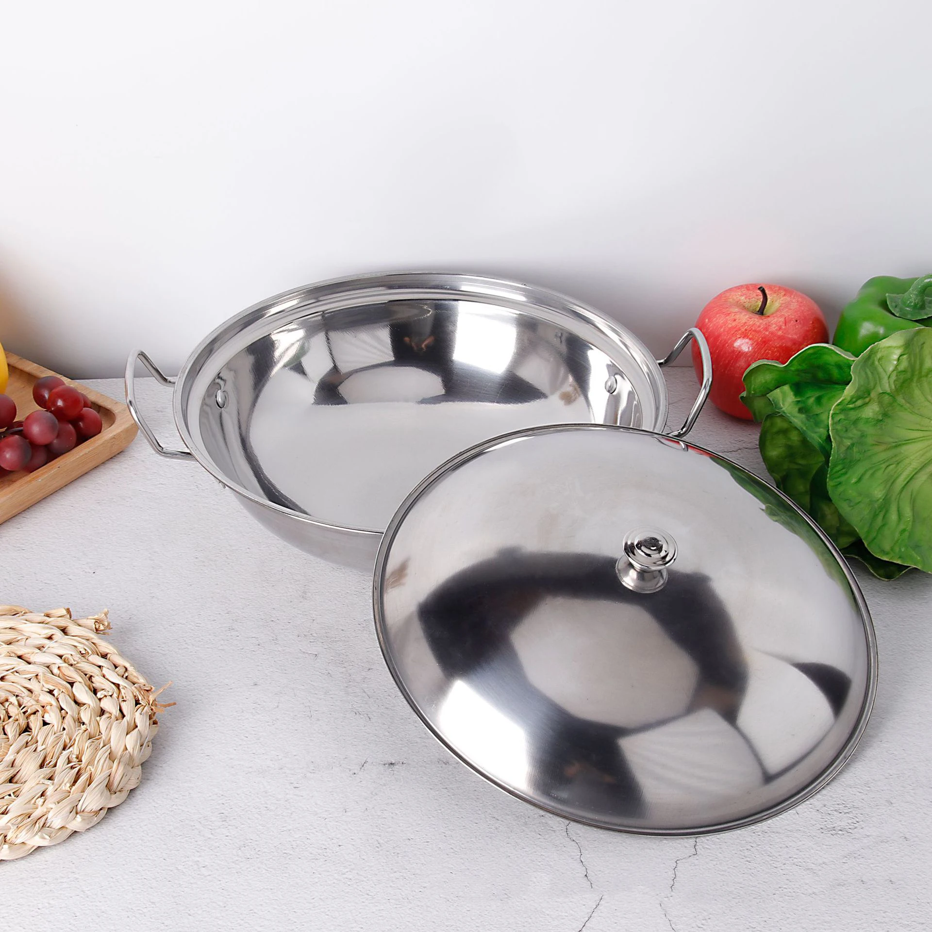 Chinese Hot Pot Set Stainless Steel Frying Pan With Lid Kitchen Cookware Double Handle Fry Pan