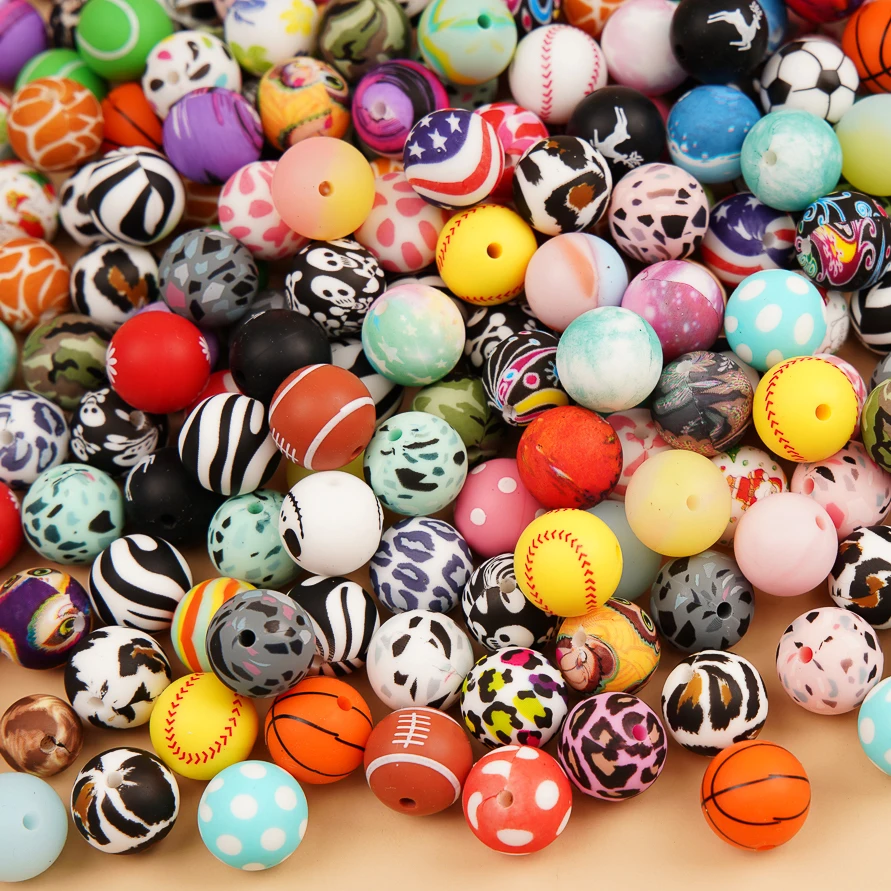 Wholesale Bulk BPA Free Solid Custom Print Pattern Letter 12mm 15mm Focal Beads Silicone Round Beads For Baby Teether Pacifiers