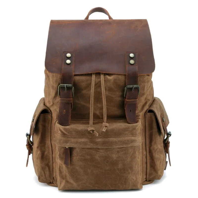 Vintage Large Capacity Canvas Drawstring Laptop Bags Crazy Horse Leather Hiking Backpack