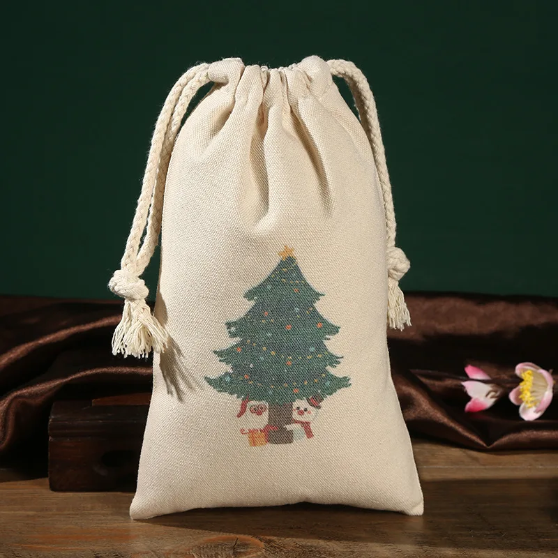 huahao Christmas Printed Cotton Canvas Muslin Gift Bags Christmas Candy Decoration Bag with Drawstring for Presents