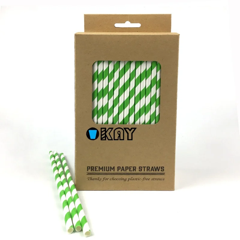 200 Pack Biodegradable Green and White Striped Paper Straws
