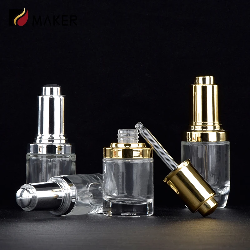 Glass Bottle Supplier 15ml 25ml 30ml Golden Press Skincare Essential Oil Cosmetic Vendors Essence Serum Dispenser Dropper Bottle