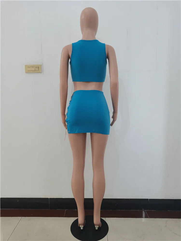 Summer 2021 New Women Fashion Sexy Bandage Chain Crop Top And Mini Skirts Two Piece Set Outfits