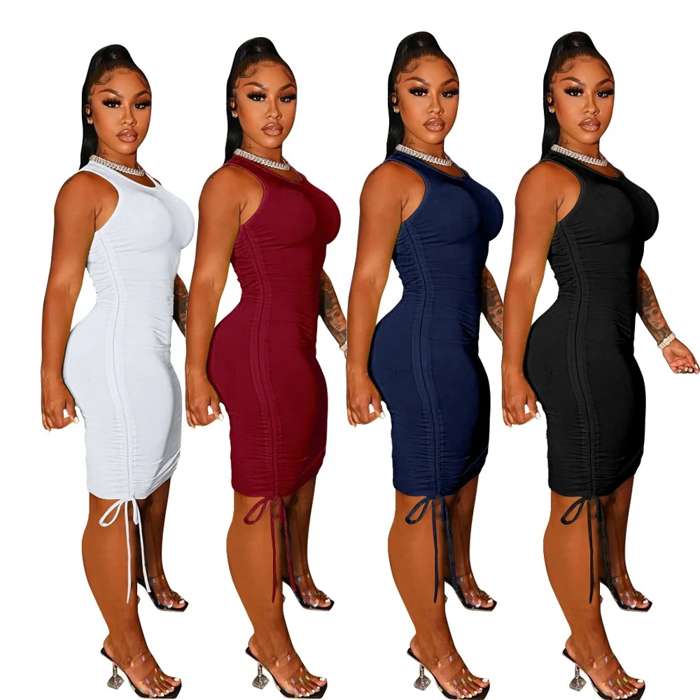 Women Clothes Solid Color Drawstring Ruched Sleeveless O Neck Bodycon Sexy Streetwear Midi Dress