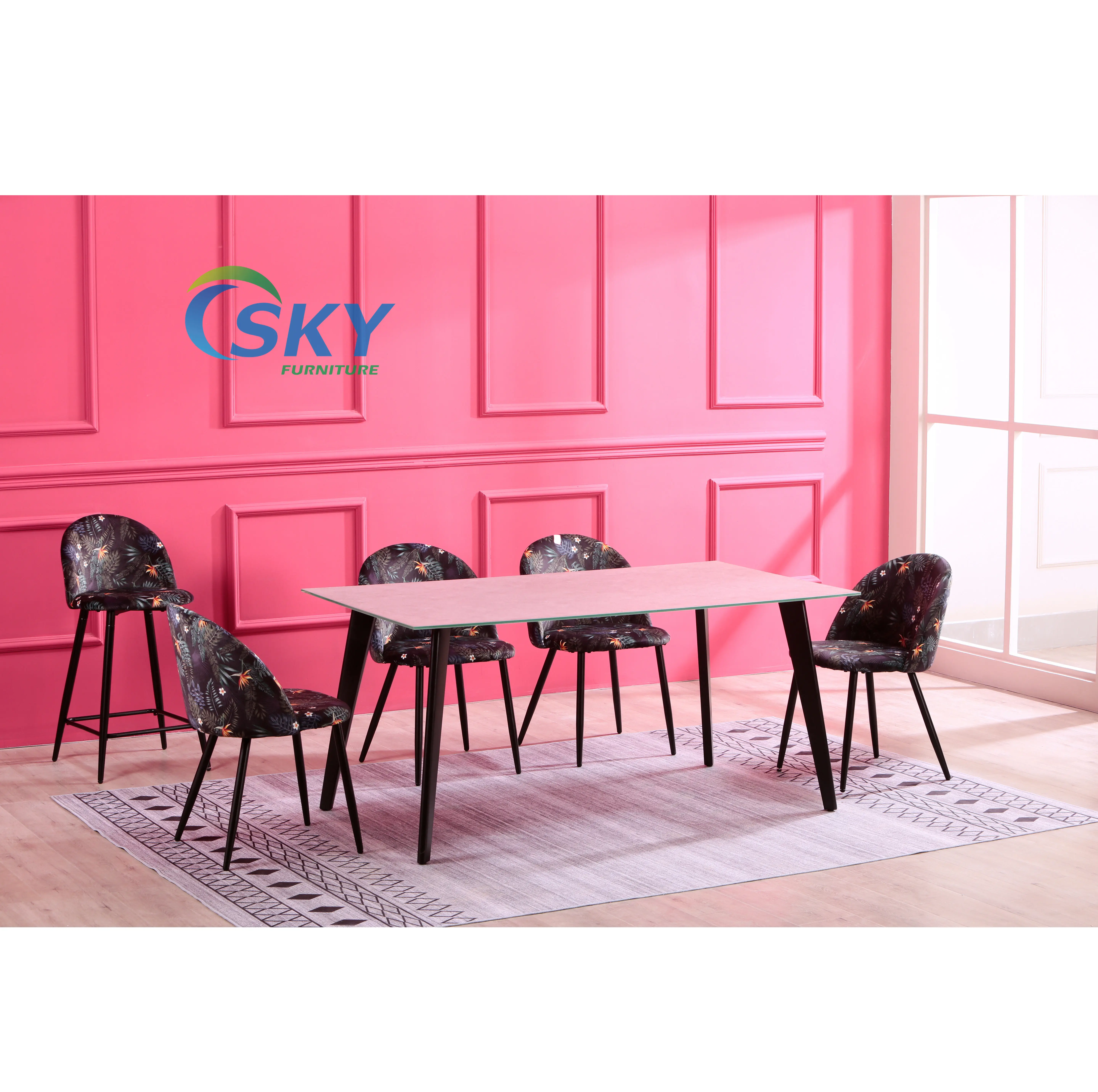 SKY Modern cheap price  tempered glass table top dining table set with print fabric dining chair for restaurant