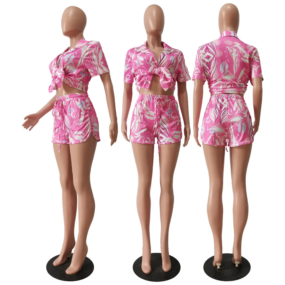 B2263 Wholesale 2022 Printed Short Sleeves Shirts Shorts Sexy Women Summer 2 Piece Set Clothing Outfits