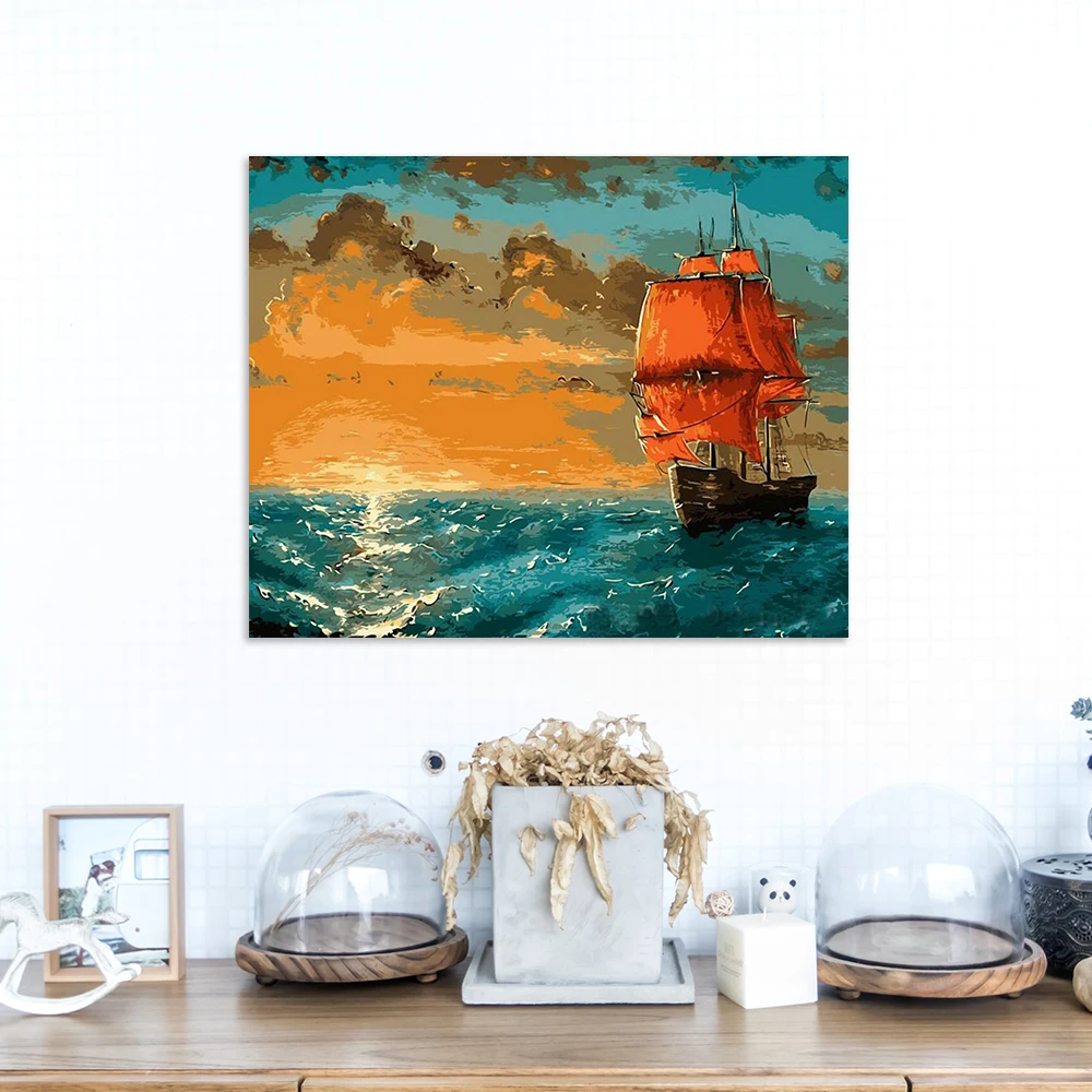 Modern Design sailboat sailed on the sea at sunset diy oil painting by numbers