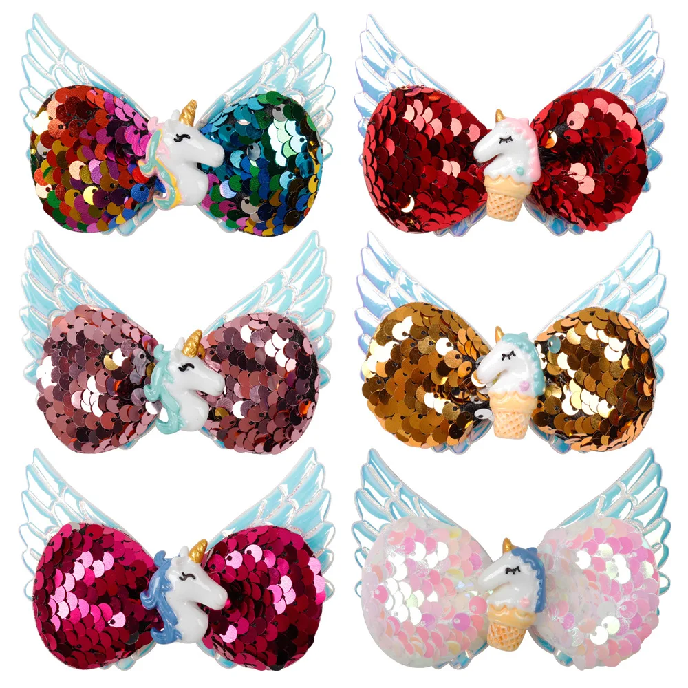 Sweet Angel Wings Bling Clips For Girls Hair Pins Princess Hair Accessories Children Sequined Fabric Bobby Hair Pins With Unicor