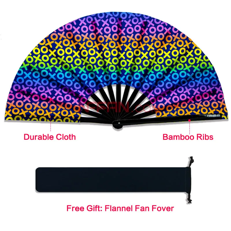 Custom Printed UV Reflective Big Party Freaky Rave Bamboo Fabric Hand Fan Handheld Folding Clack Dance Fan