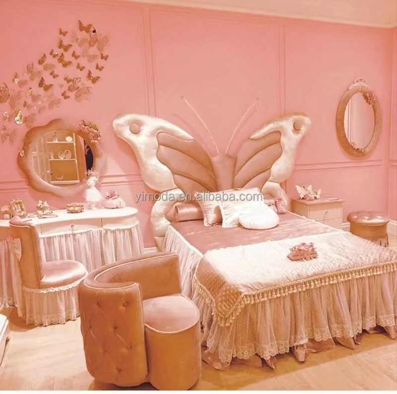 Top end Princess kid butterfly Bed Solid Wood Antique Hand Carved wooden Beds Luxury Palace princess pink Bed