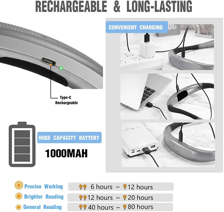 Free Sample Best Sale OEM Flexible Bed Hotel Hands Free Brightness Neck Light Rechargeable Round Reading Book Light Neck