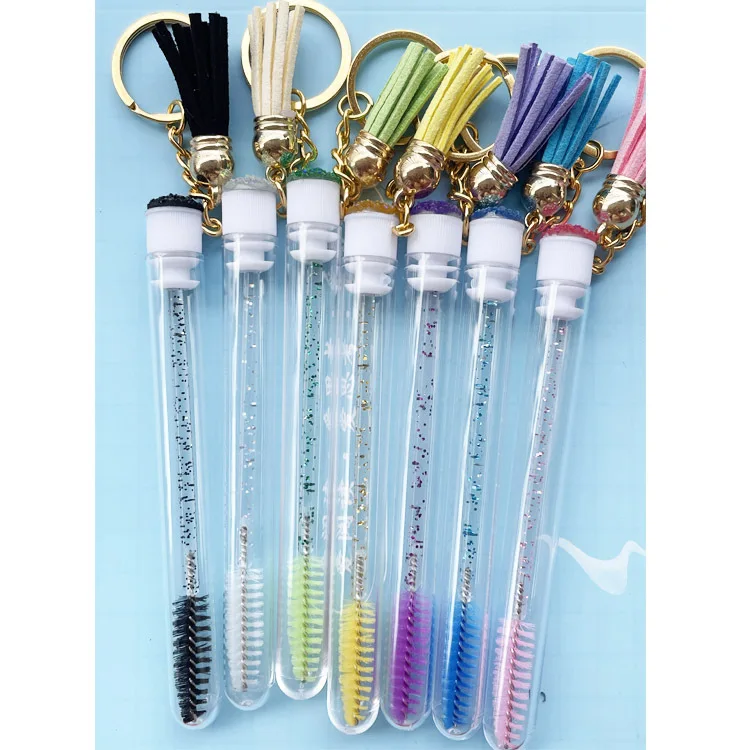 Custom logo colorful lash brushes mascara wand eyelash brush mascara spoolie cleaning brush tube eyelash extension with keychain