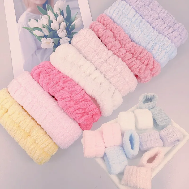 Qianjin Hot Selling 3pcs/set Face Wash Wristband Makeup Hair Band For Women Comfortable Soft Furry Elastic Headband