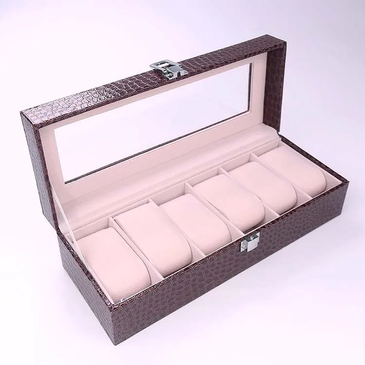  Luxury Brown Wooden Crocodile PU Leather Velvet Lining 6 Slots Watch Lock Box with