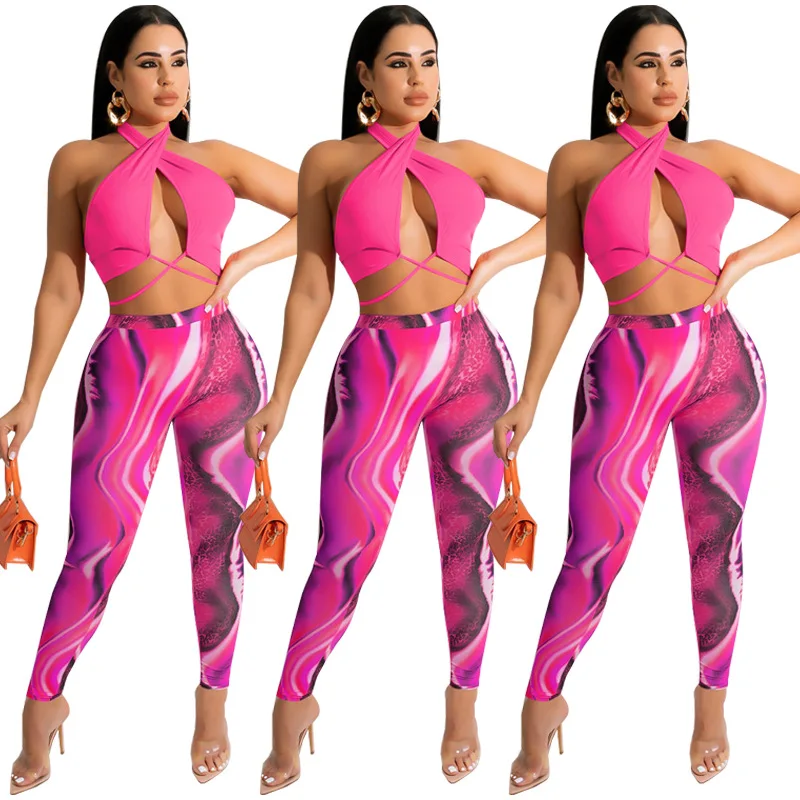 Latest Two Piece Set Cross Halter Sexy Wrap Top Lace Up Outfits Women Club Dresses 2 Piece Pants Set For Women Sexy