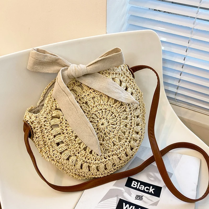 Cute bow crossbody woven handmade crochet round beach bag
