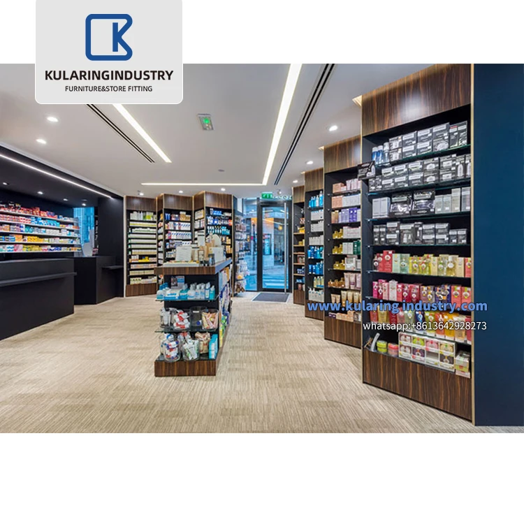 Retail Pharmacy Decoration Customized Medical Pharmacy Shop Glass Wood Furniture Shelves Cabinet For Pharmacy Store Display