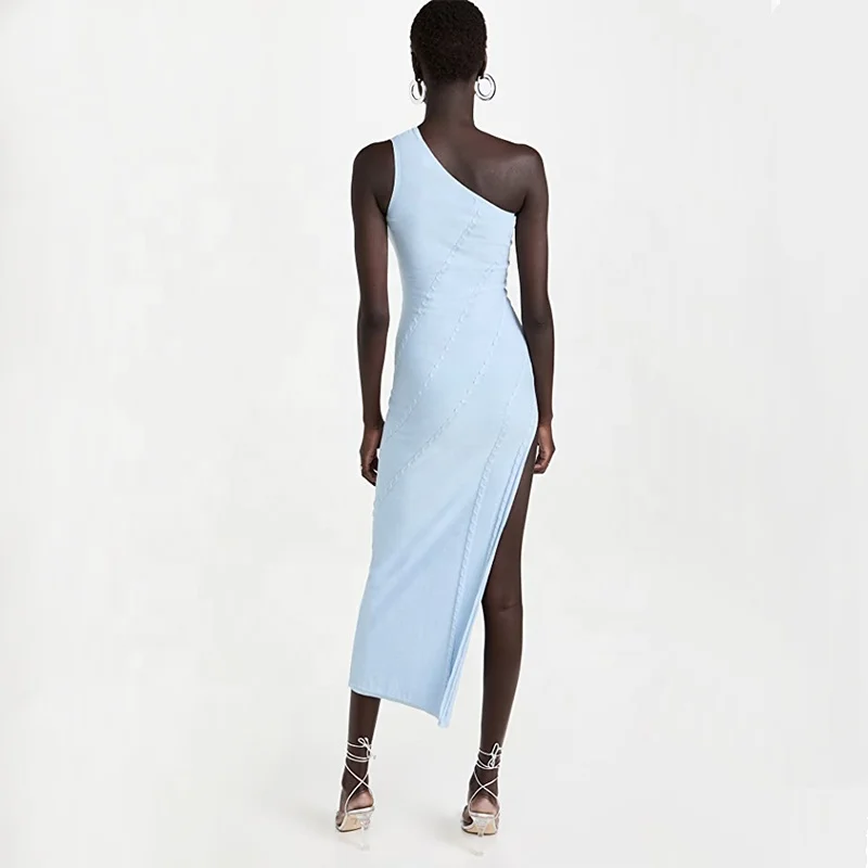2022 Factory wholesale custom summer fashion sexy solid one shoulder sleeveless split prom knit dress women