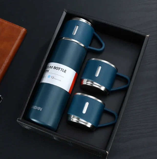 High Quality Business Custom Gift Logo Hot and Cold 304 Stainless Steel Vacuum Flask Thermos Cup Set Two Lid Gift Box