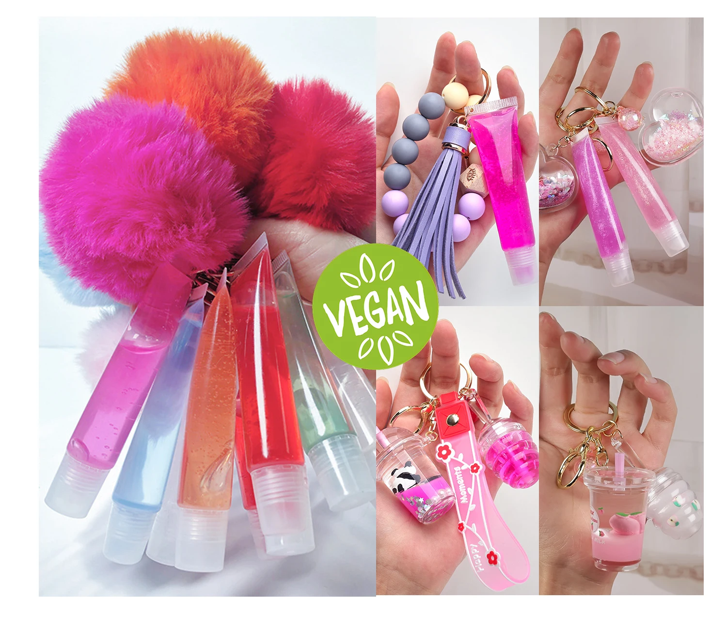 Private Label Kids key chain lipgloss pom pom puff ball natural fruit mint argan vegan keychain lip gloss