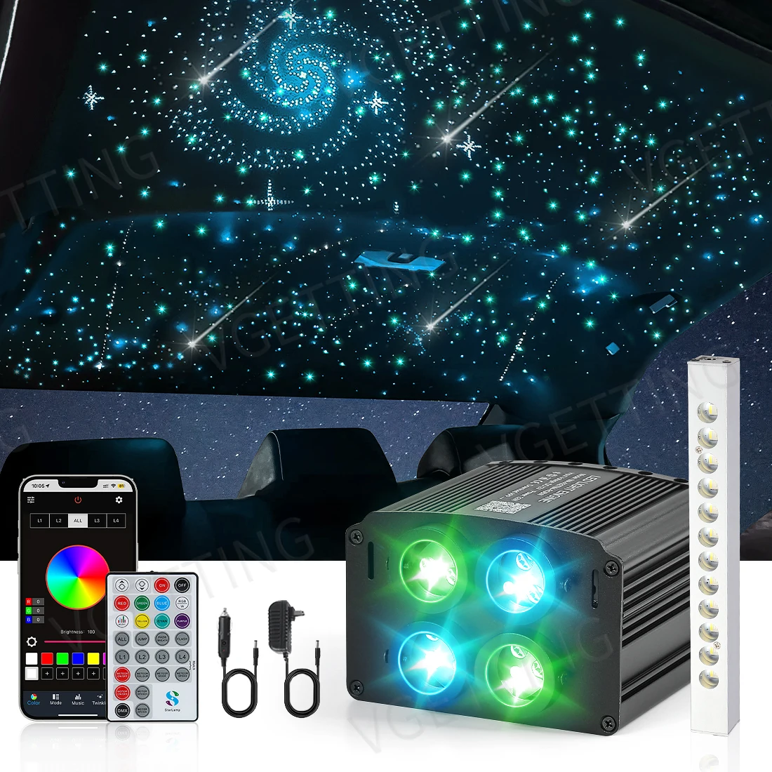 4 Port RGBW Car startlights Headliner Kit Meteor Twinkle Star Roof Ceiling Projector Lights LED Fiber Optic Light Engine