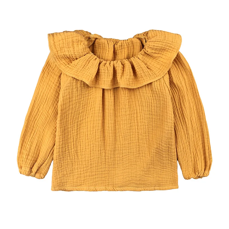 High quality wholesale bulk spring autumn boutique cotton linen lovely top long sleeve kids children baby girl ruffle shirt