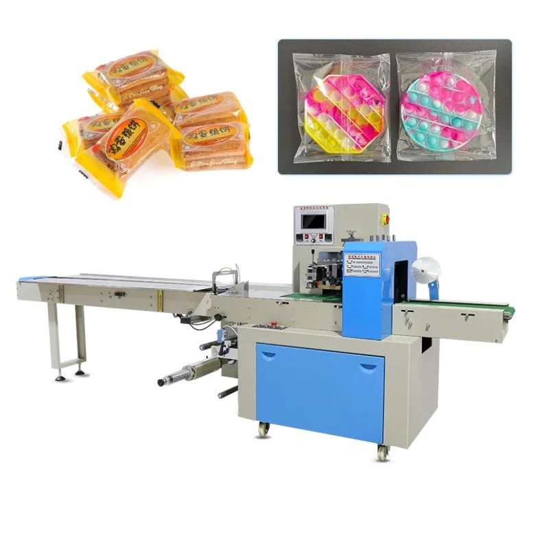 high speed horizontal multi functional flow pillow candy chocolate fruit vegetable bread towel hardware cookie packaging machine