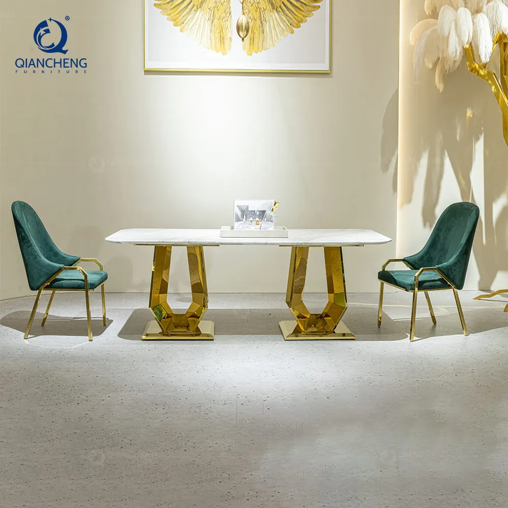 QIANCHENG New Designs Luxury Dinning Set Natural Real Green Marble Dining Tables Light Luxury Stainless Steel Home Furniture