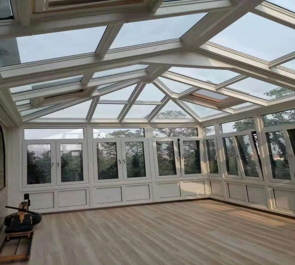 Exterior free standing insulated fixed glass wall sunroom 3 wall back door glass enclosure