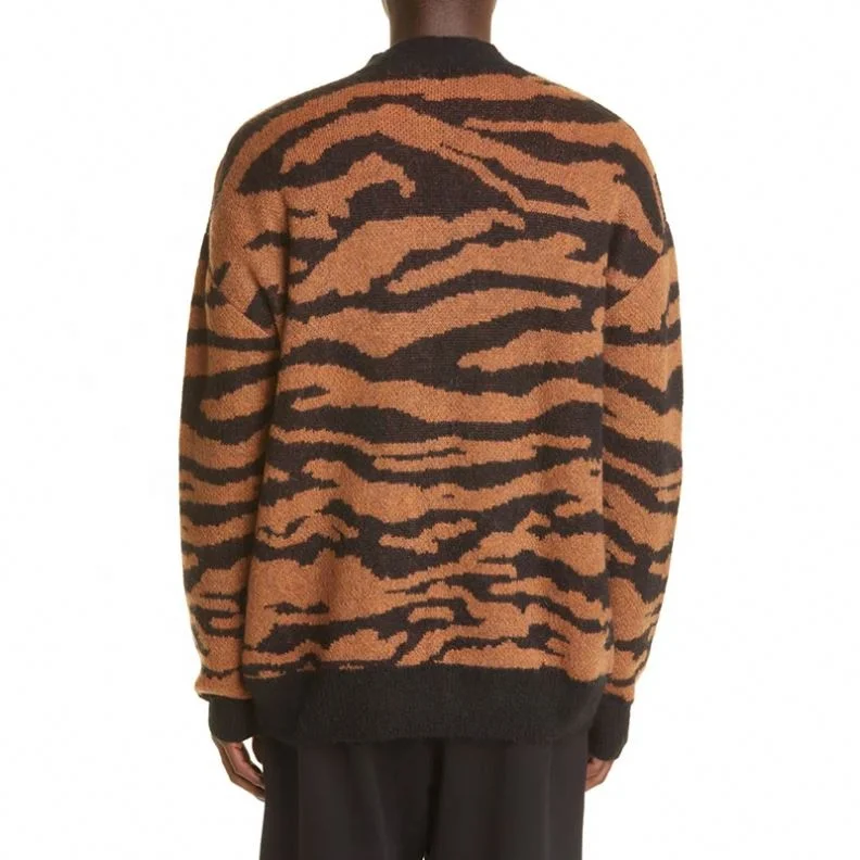 Custom Logo Knit Loose Fit Tiger Stripe 100% Wool Jacquard Cardigans Knitwear V Neck Cashmere Mohair Sweater Cardigan For Men